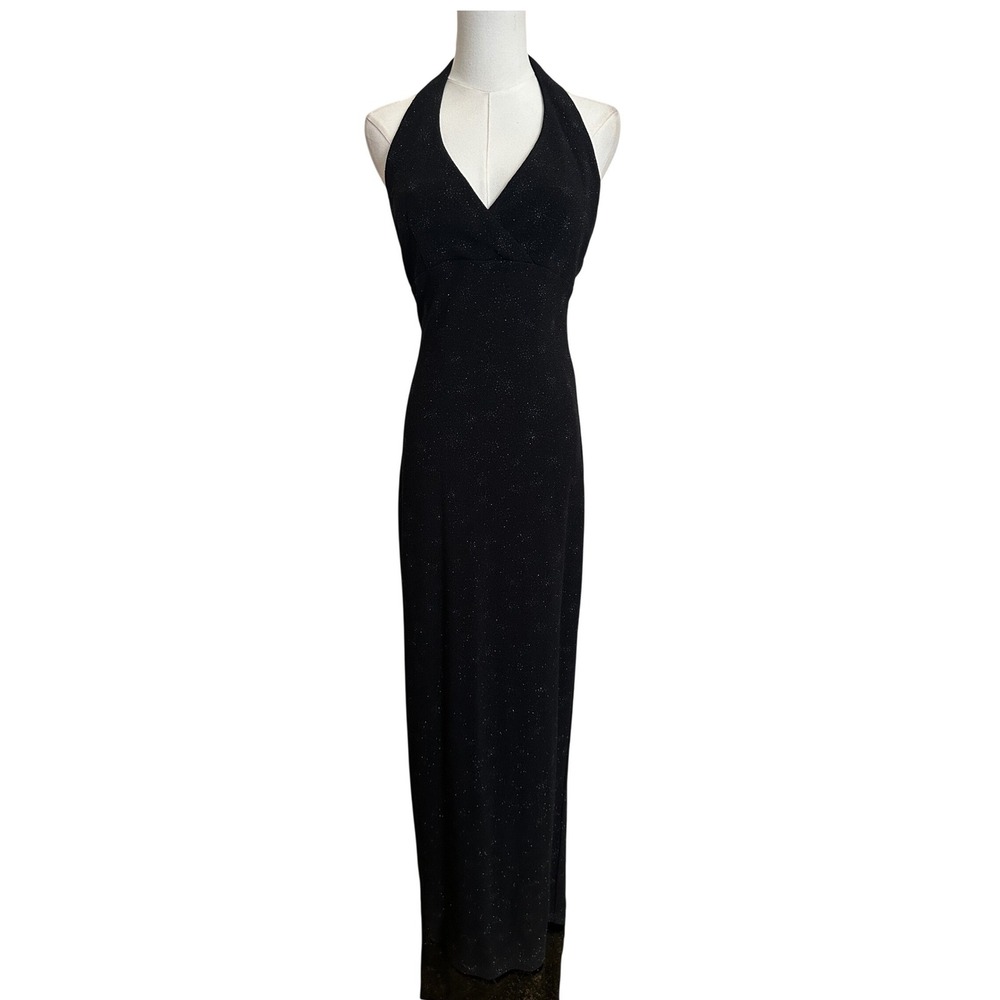 Vintage Y2K City Triangles Black Sparkle Glitter V Neck Maxi Dress M USA 2000s